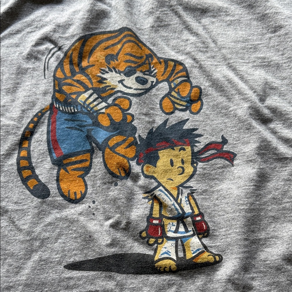 Hanes Gray Graphic Tee with Tiger and Fighter Design